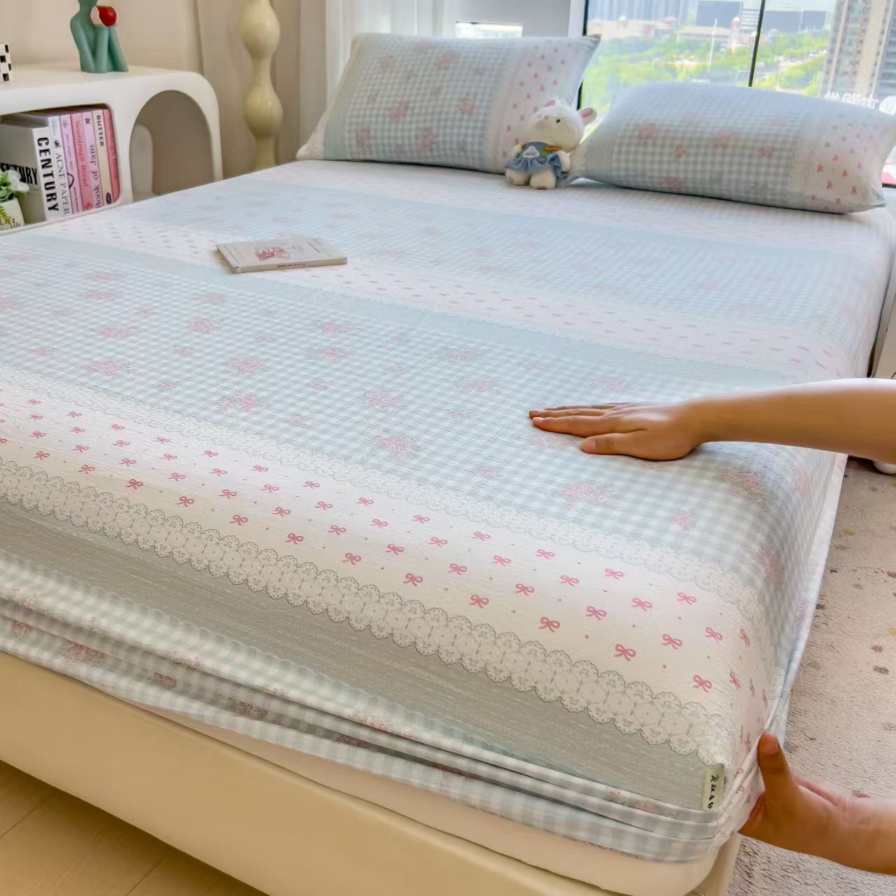 Jacquard gaza de lavado de agua cuatro piezas de cubierta de edredón teñido cubierta de edredón de tres piezas cubierta de sábanas cubierta de almohada de clase madre y bebé