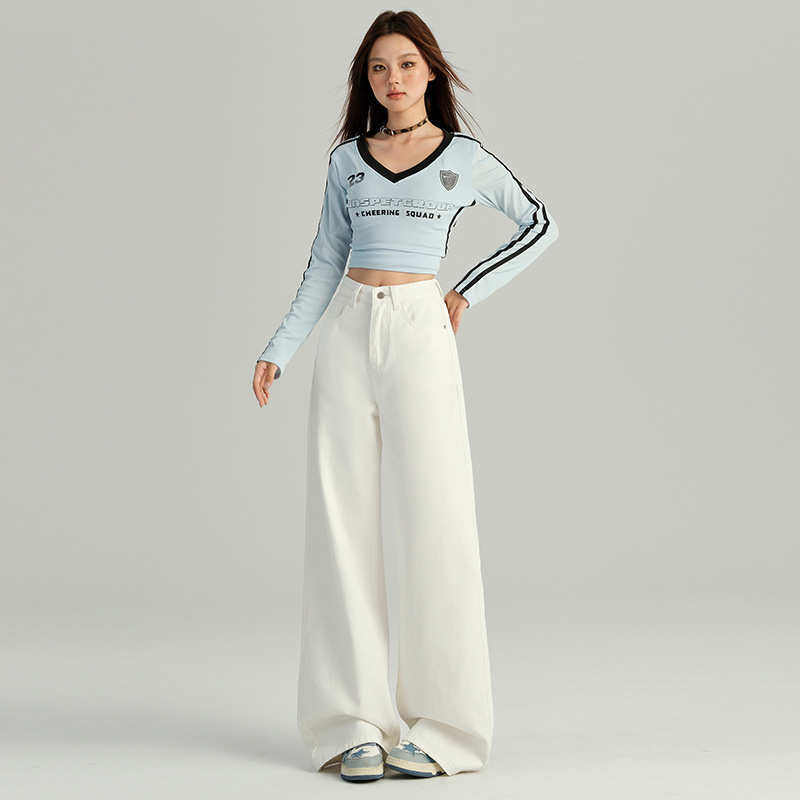 Jean blanc taille haute à jambes larges et amples pour femme, couvrant les hanches et amincissant, coupe droite, opaque, style printemps-automne_voghion.com