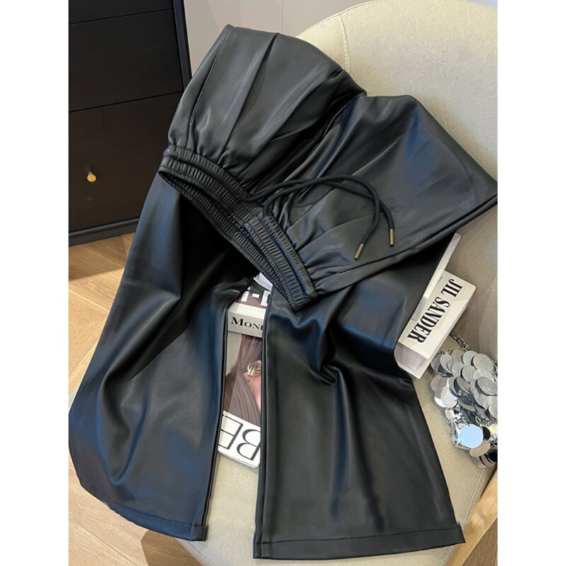 Plus-Size Women's Pleated Design Leather Pants, New Spring and Autumn Style, Elastic Waist with Drawstring, Casual Loose Drape Wide-Leg Long Pants Plus-Size Women's Pleated Design Leather Pants, New Spring and Autumn Style, Elastic Waist with Drawstring, Casual Loose Drape Wide-Leg Long Pants