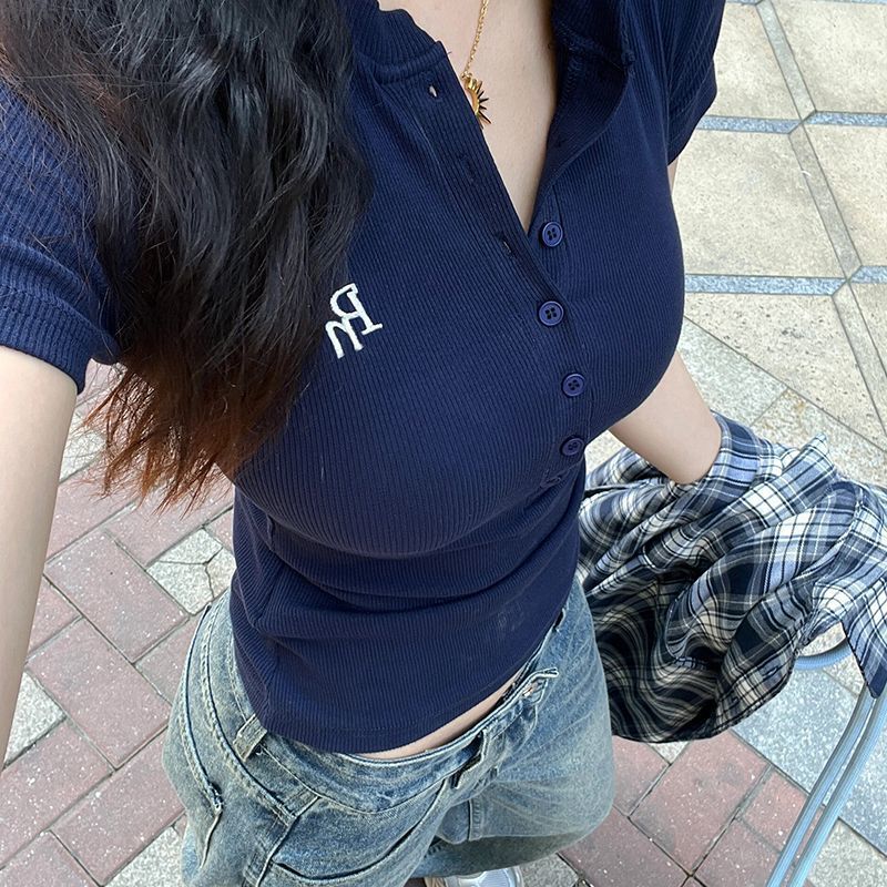 Chinese Retro Navy Blue Short-Sleeve T-Shirt for Women, Slim-Fit, Stylish, Socialite Temperament, Casual Versatile Top for Women Chinese Retro Navy Blue Short-Sleeve T-Shirt for Women, Slim-Fit, Stylish, Socialite Temperament, Casual Versatile Top for Women