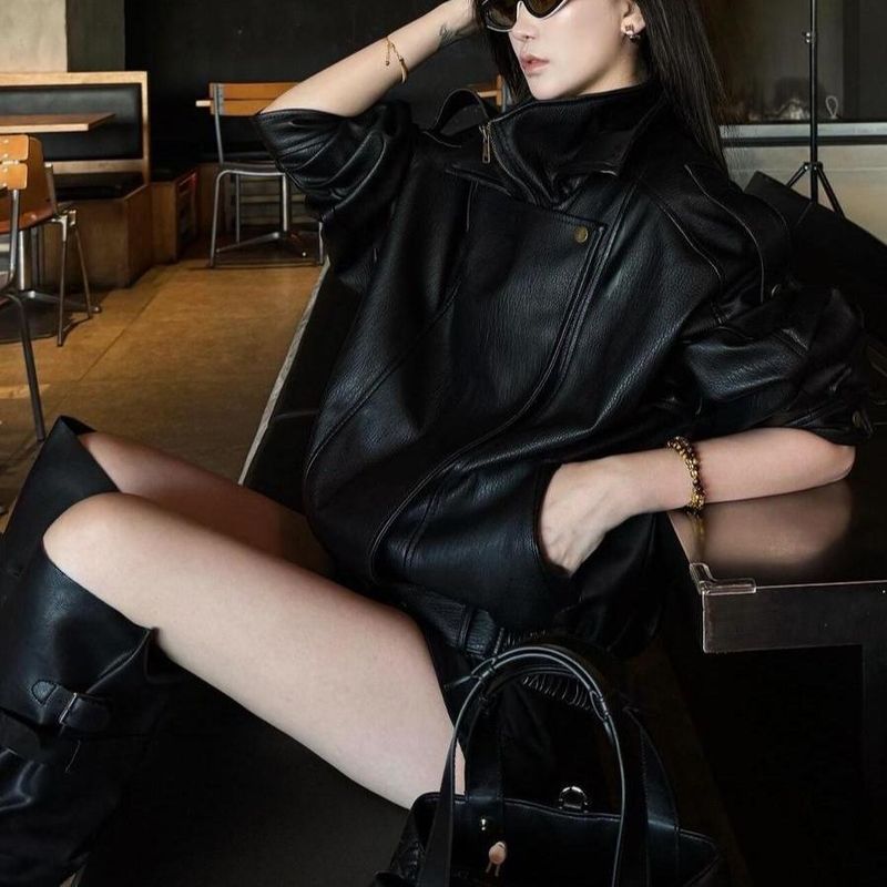 时尚美式皮衣外套女2025秋季新款宽松百搭设计感机车皮夹克潮|undefined