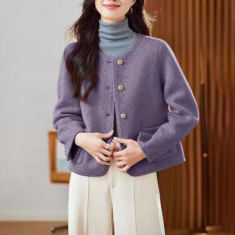 小香风红色短款毛呢外套女2026秋冬新款气质百搭圆领双面羊毛大衣