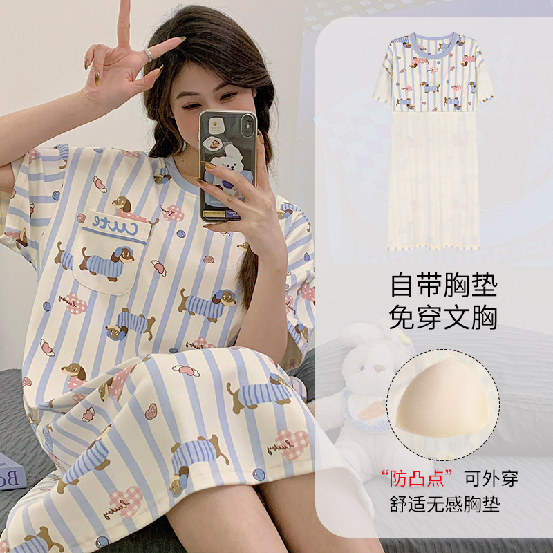 睡裙女款帶胸墊夏季薄款純棉短袖可外穿睡衣卡通中長款寬鬆家居服