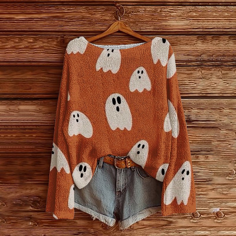 New European and American Amazon Cross-Border Women's Printed Loose Long-Sleeved Knitwear Knitwear 3D Digital Printing Halloween