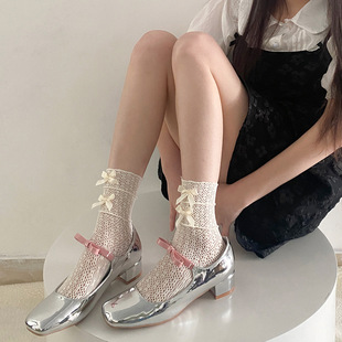 Japanese Style Milk White Socks Spring and Summer Thin Hollow Three-Layer Ear Stacks Lace Bow JK Middle Tube