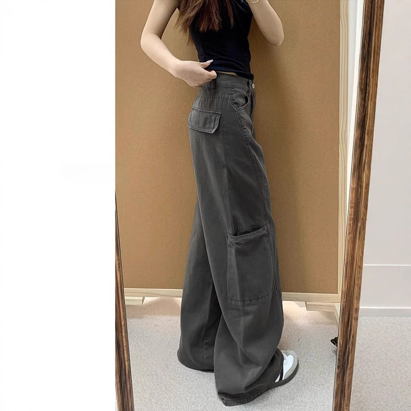 Gray Wide-Leg Denim Cargo Pants for Women, Summer Plus Size, Pear-Shaped Body, Loose Slimming Drape Straight Pants Gray Wide-Leg Denim Cargo Pants for Women, Summer Plus Size, Pear-Shaped Body, Loose Slimming Drape Straight Pants