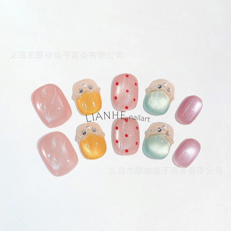 (Original) Handmade Dopamine Polka Dot Nails, Playful and Bright, with Delicate Glass Beads and Cat Eye Effect False Nails (Original) Handmade Dopamine Polka Dot Nails, Playful and Bright, with Delicate Glass Beads and Cat Eye Effect False Nails