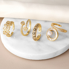 歐美跨境簡約時尚愛心戒指百搭高級感鑲嵌鋯石鍍金珍珠指環rin11