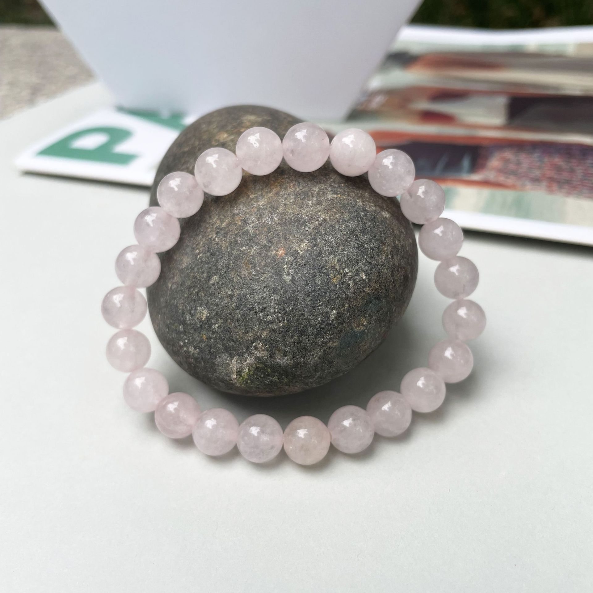 Cross-border Hot Rose Stone Bracelet Women's Cute Pink Beaded Elastic Bracelet Powder Crystal Bracelet Spot Wholesale