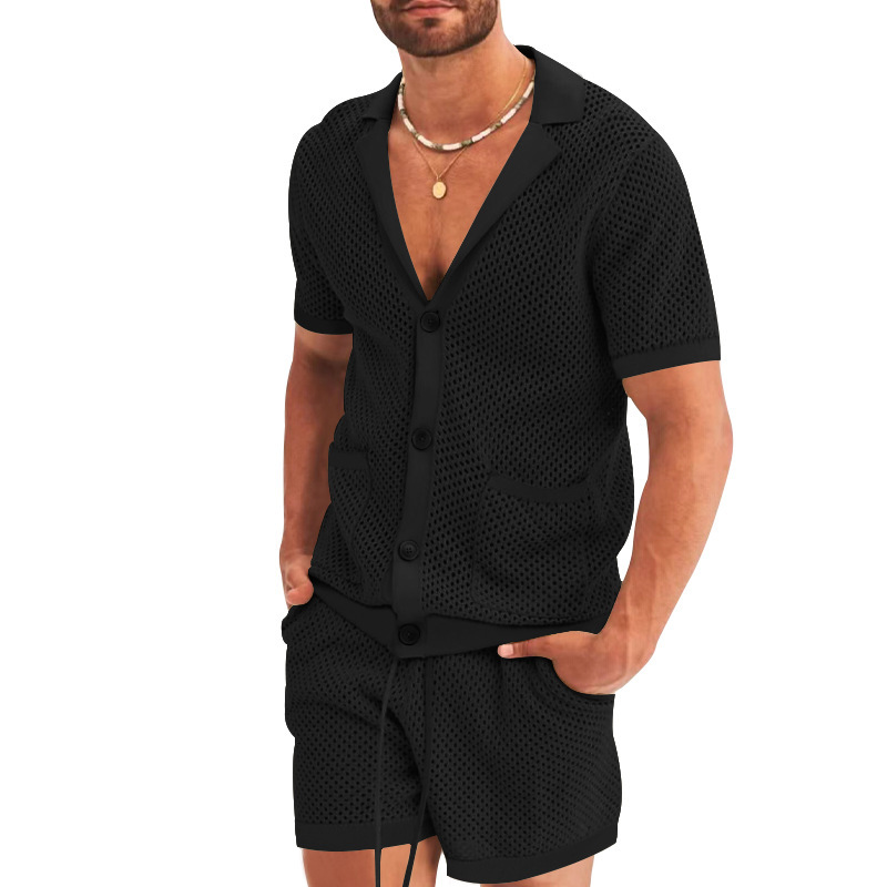 Traje de verano de ropa de hombre transfronterizo de Amazon de malla europea y americana de punto casual camiseta de solapa pantalones cortos de manga corta ropa de hombre