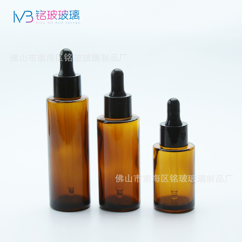 工厂现货茶色30ml60ml玻璃直圆平肩瓶精华水液瓶胶头滴管瓶分装瓶