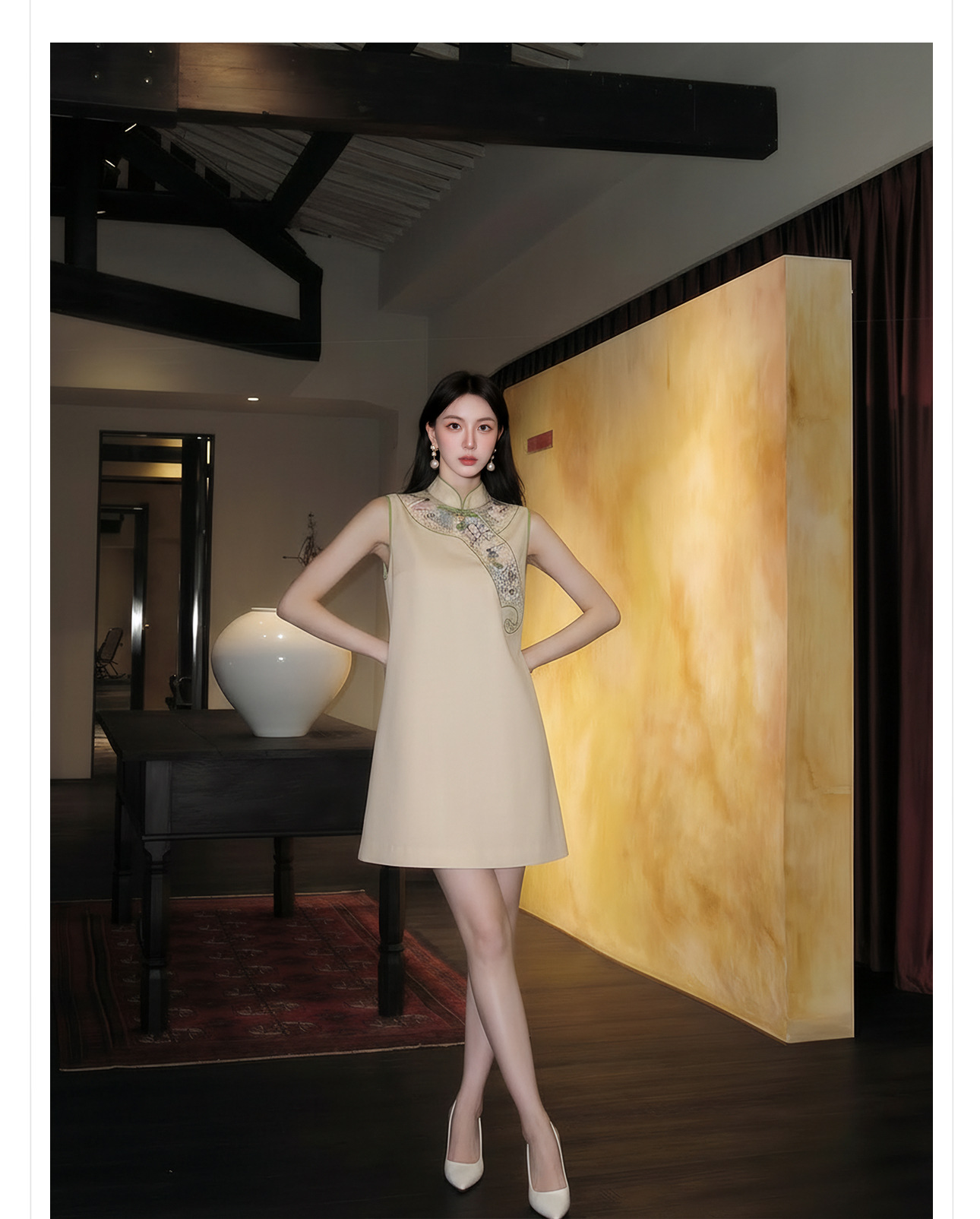 Đầm suông nữ midi phong cách quốc phong, tay không, thêu họa tiết — màu mơ chi tiết 4