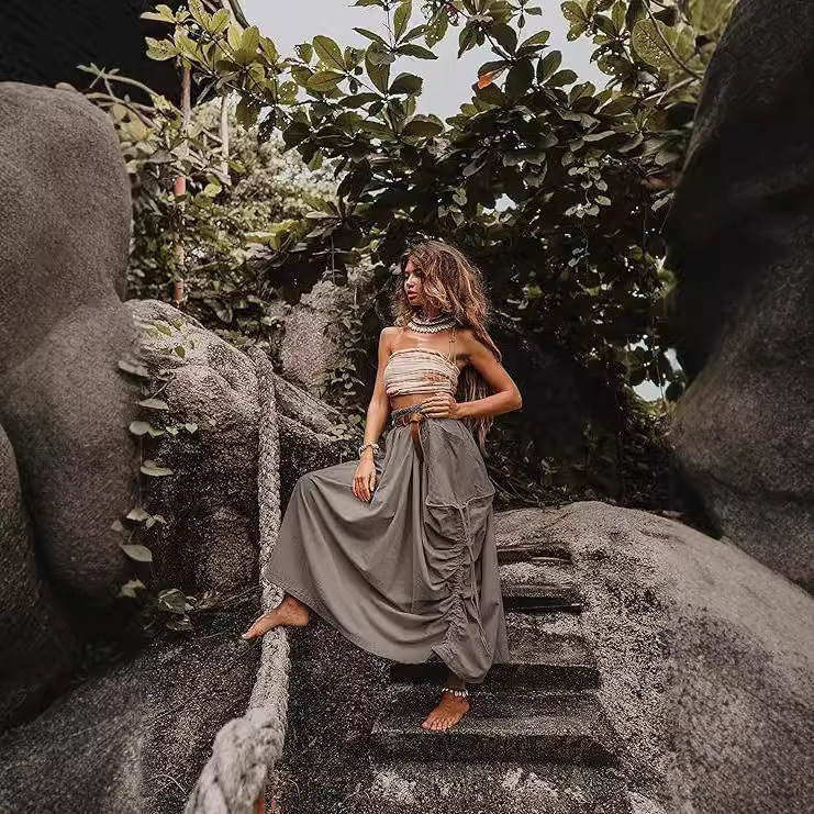 European and American Women's Casual Skirt 2024 New Style Drawstring Large Pocket Bohemian Loose Organic Cotton Long Dress