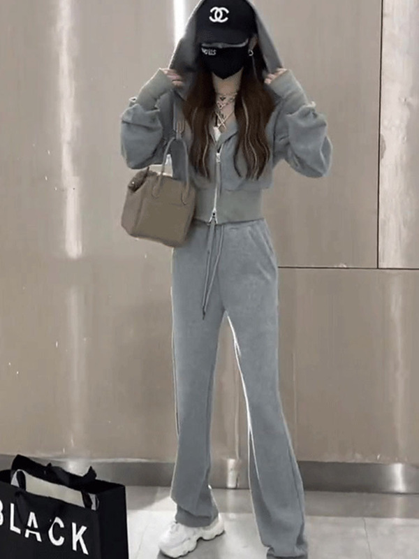 【大量现货】原版拉链运动服网红时尚两件套装女灰色卫衣休闲长裤|undefined