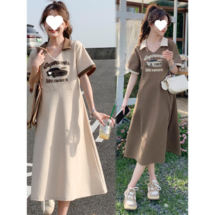 Plus Size Summer Korean Style Maternity Wear Casual Dress Fashionable Polo Collar Printed Slim T-Shirt Dress 100kg