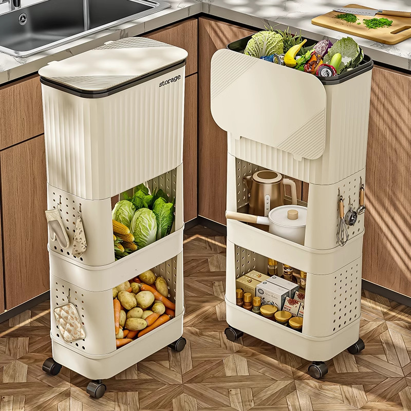 Kitchen Trash Can Household Large Capacity Mobile Double-Layer Storage Japanese-style Multi-Layer Storage Rack with Lid
