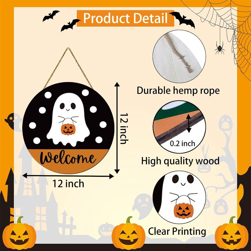 Halloween Decoration Halloween Wreath Cute Ghost Front Door Decor Hanging Sign Welcome Sign Wooden Front Door Hook