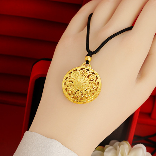 Eight Treasure Lotus Compass Pendant Gold-plated Brass Necklace Hollow Fortune Character Round Pendant Knitted Jewelry Wholesale