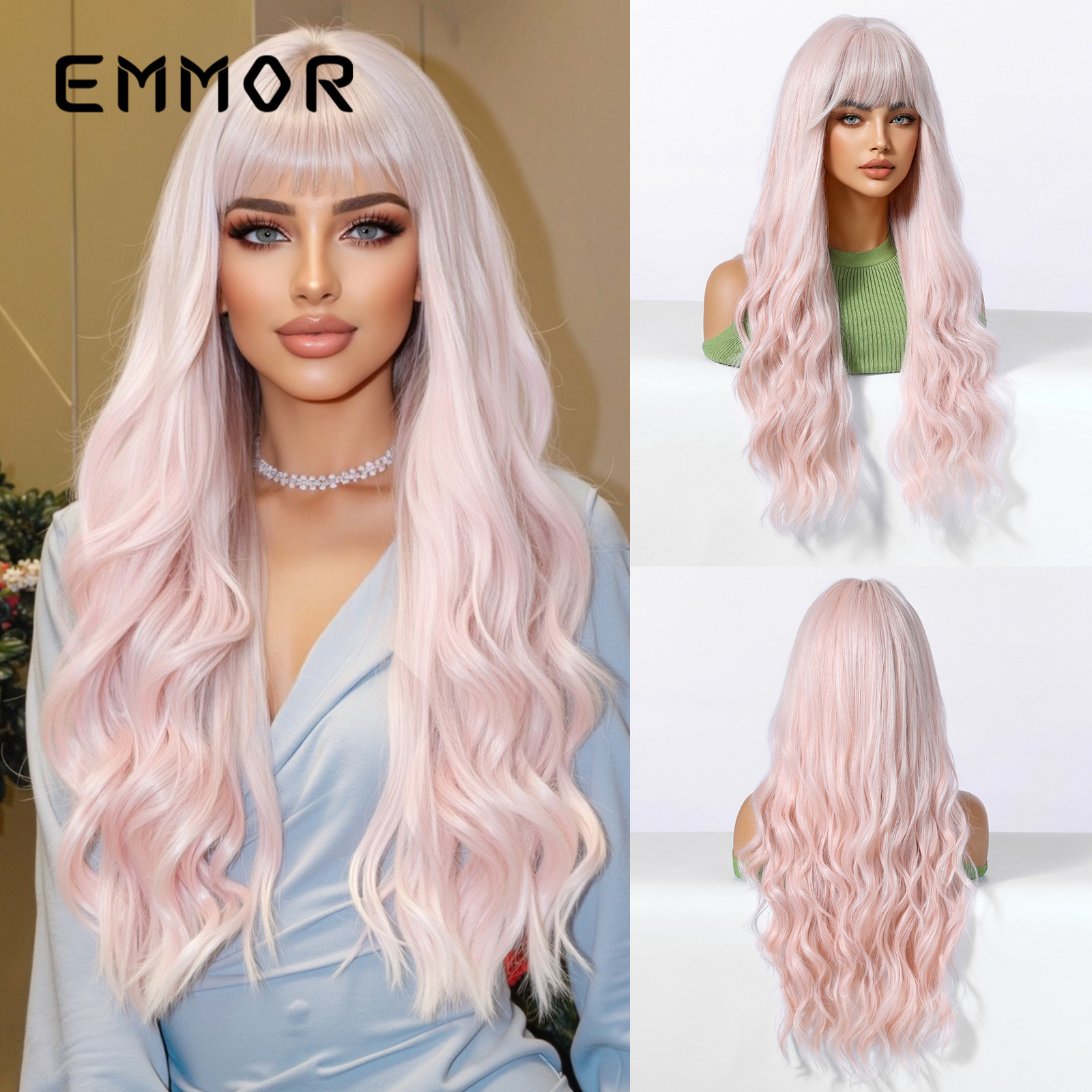 Peluca de cubierta completa para mujer, peluca de flequillo de aire rosa degradada para mujer, cabello rizado, seda mate de alta temperatura, fábrica de cabello de fibra química