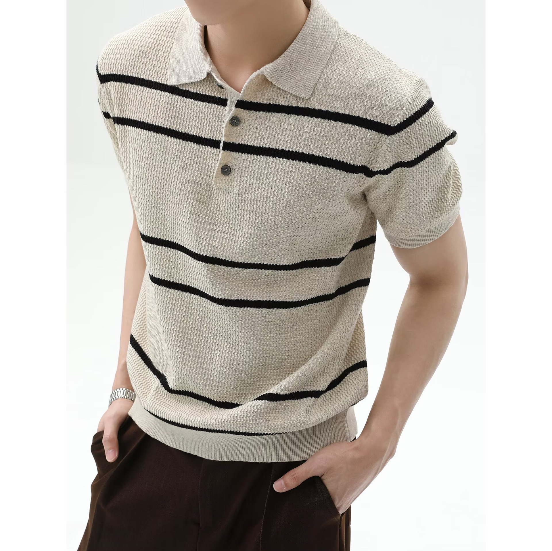 Camisas de polo de manga corta de estilo antiguo, camisetas de punto de hombre, camisetas de negocios de verano a rayas, fábrica al por mayor.