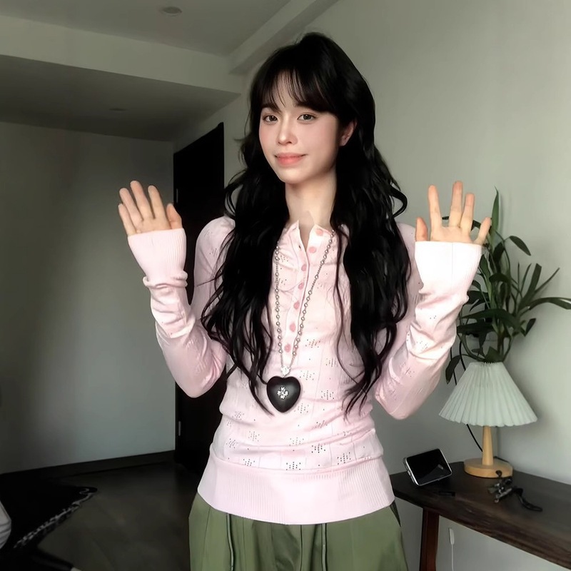 American Henry Collar Long-Sleeved T-Shirt for Women Spring New Sexy Cut Out Knitwear Slim Bottoming Design Top