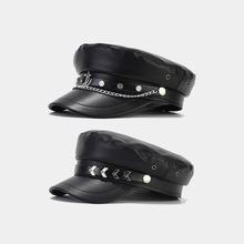 新款皮质复古金属标链装饰军帽男女英伦风时尚海军帽经典黑色帽子