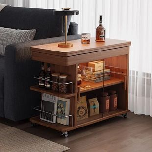 Solid Wood Coffee Table Living Room Walnut Mobile Folding Household Multifunctional Small Apartment Side Cabinet Small Cart Sofa