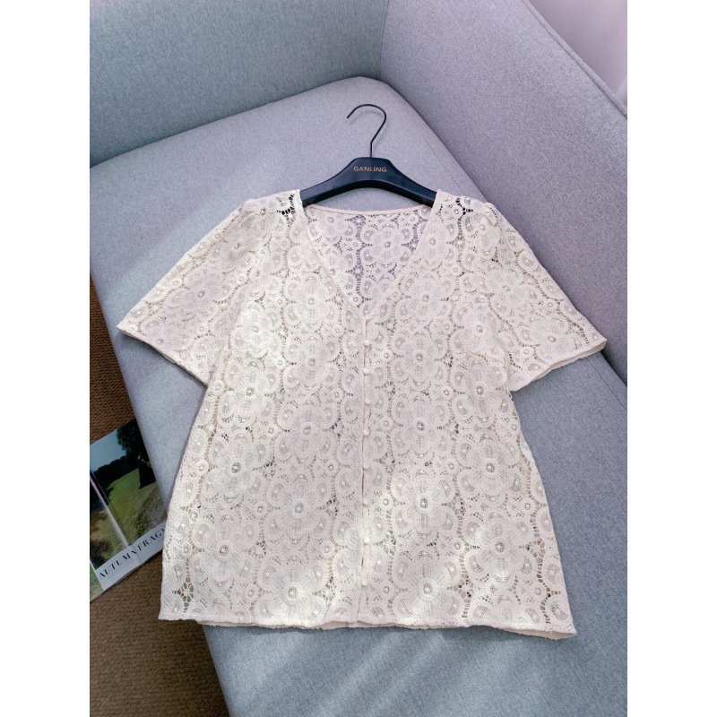 French-Style Ladylike 2026 New Vintage Floral Embroidered Lace V-Neck Short-Sleeve Shirt for Women with Hollow-Out Design Cardigan