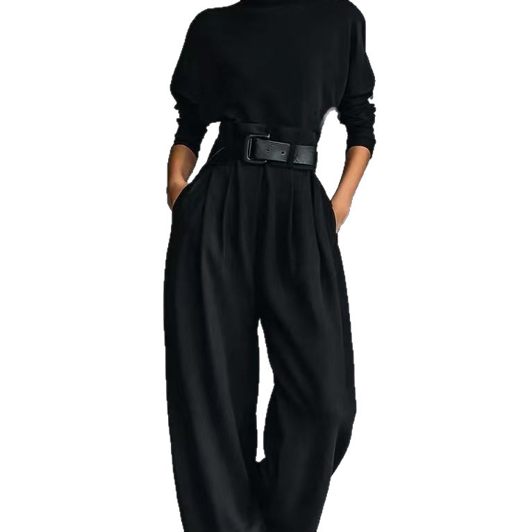 Women's Clothing Women's High Neck Long Sleeve Trousers Set High Waist With Belt Casual Stylish Spring Autumn Suit Style_ecoleips.com