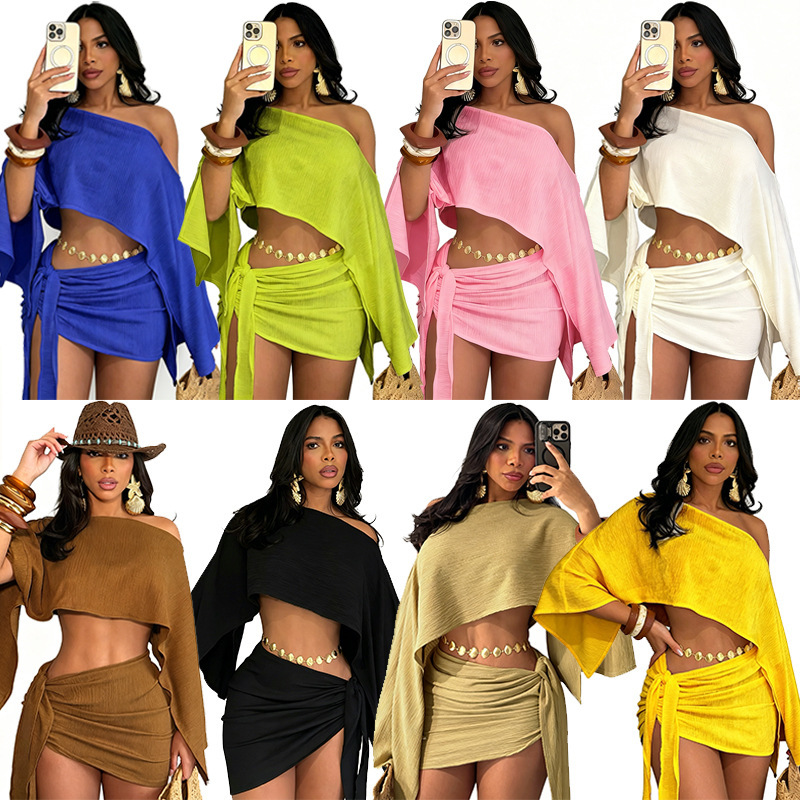 A740 Fashionable, Elegant, and Sexy Seaside Resort Style Breathable Off-Shoulder Top with Tie-Up Hip-Hugging Short Skirt Set