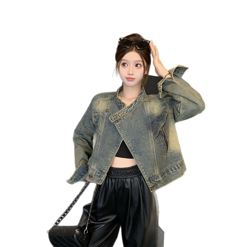 Kurtka motocyklowa dla chłopca ze stójką i dżinsowym kołnierzem, jesień 2025, nowa, unikatowa, zapinana na zamek, luźna, krótka bluzka w stylu retro_voghion.com