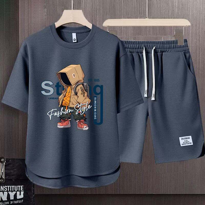 Men's Clothing 2024 Waffle Casual Summer Suit Men's Loose Teen Short sleeved T shirt Shorts Handsome Two piece Suit_mkmklike.com