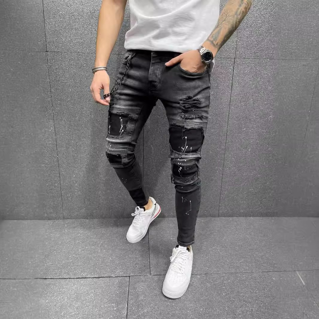 Jeans Ajustados Rasgados para Hombre de Algodón, Elásticos, para Uso Casual