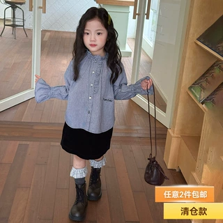 【清仓款】女童设计感个性前短后长字母衬衣花边袖口格子花边衬衫