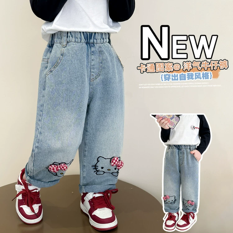children’s denim jeans, korean style, embroidered bow‑cat, sizes 90–150 cm