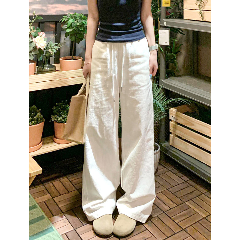 White Straight-Leg Casual Pants for Women, Spring 2026 New Style, Petite High-Waisted Drawstring Drapey Loose Versatile Wide-Leg Pants