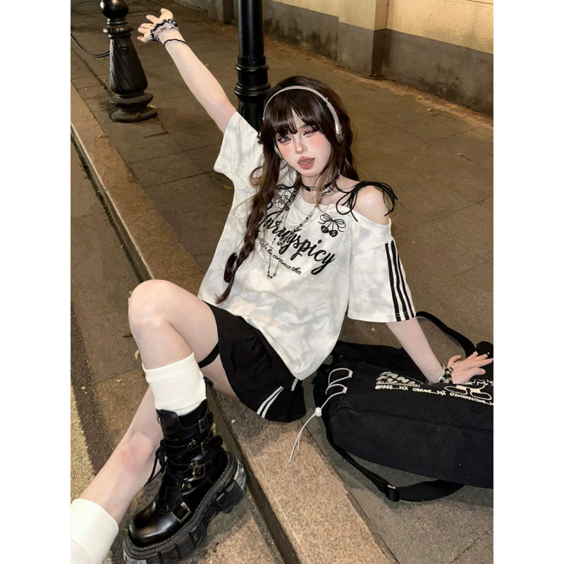韓国の甘くてクールなホットガール絞り染めグラデーションオフショルダーコットン半袖Tシャツレディース夏新作3ストライプデザイントップ|undefined
