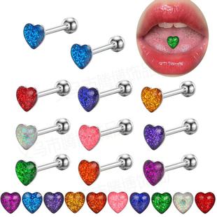 Cross-Border New Love drop oil tongue nail heart-shaped flash tongue ring 14g stainless steel rod steel ball puncture jewelry spot