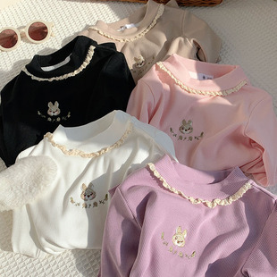 2025 autumn and winter new children's warm rabbit embroidery long sleeve lace collar base shirt with pit long sleeve T-shirt