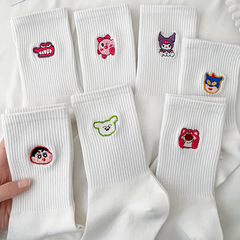 White embroidered cartoon anime socks for women, mid-calf socks for spring, autumn and summer, thin, cute, Japanese girl stockings