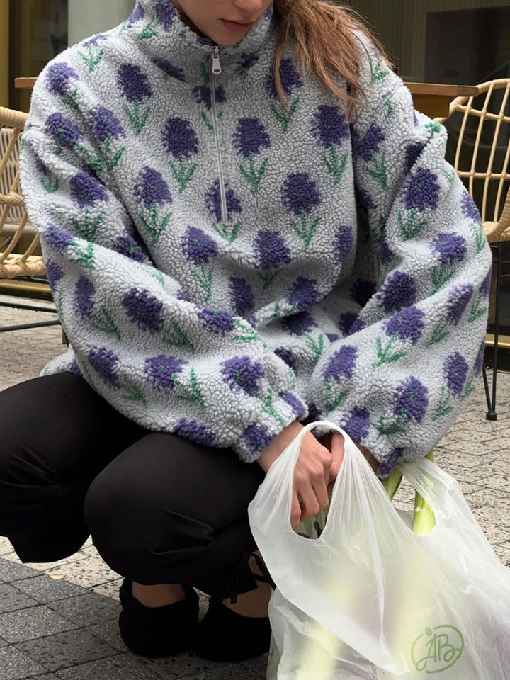 Áo nỉ lông cừu dệt jacquard nữ dáng rộng cổ cao nửa khóa kéo tay dài — Tím, màu xanh lá cây chi tiết 23