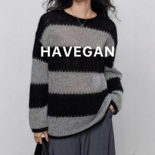 与间HAVEGAN/秋季圆领长袖宽条纹羊毛针织衫女马海毛软糯休闲上衣