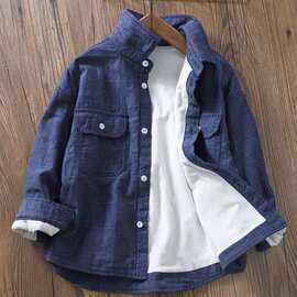 保暖加绒宝宝中大童衣服加厚长袖衬衫童装小外套仿牛仔秋冬9760男