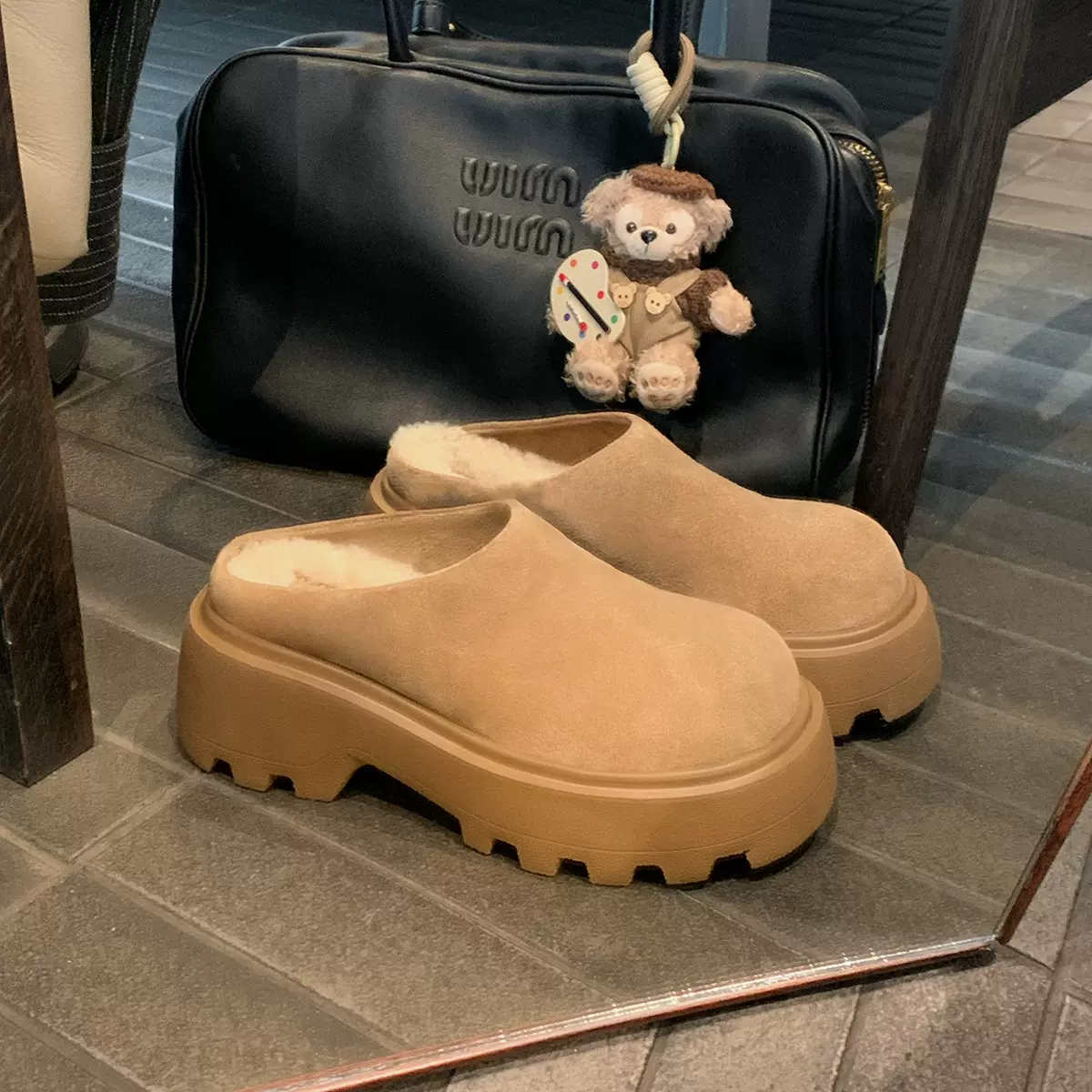 牛皮版葡萄ma同款高丝光牛绒厚底一脚蹬雪地靴包头勃肯毛毛拖鞋冬