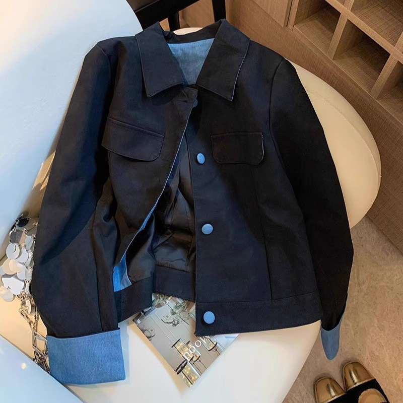 Spot Blue and Black Contrast Stitching Lapel Jacket for Women Autumn and Winter New Design Retro Casual Suede Jacket