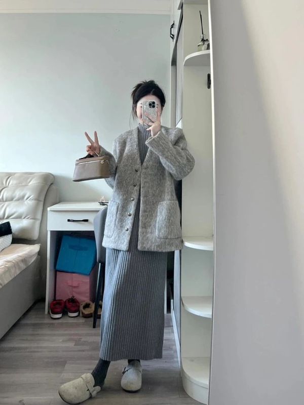 小香风套装2025春秋名媛气质收腰灰色毛呢外套内搭连衣裙子两件套|undefined