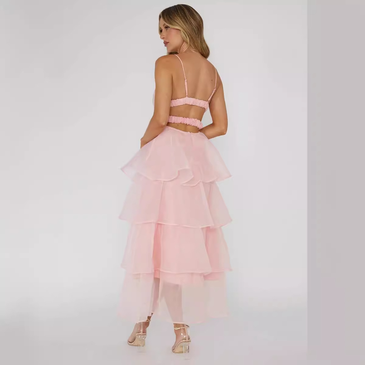 Women's Clothing Organza Deep V Backless Suspender Dress Casual Holiday Fairy Dress_voghion.com