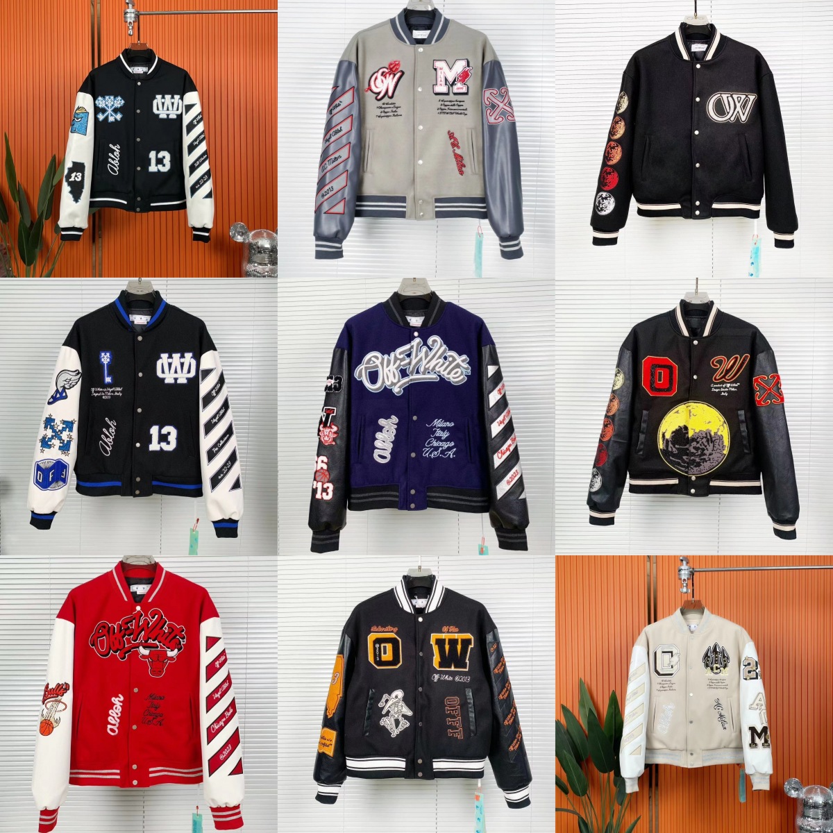 thumbnail for 23 autumn and winter New OFF OW bull joint name heavy industry embroidery patchwork baseball uniform jacket for couple men and women