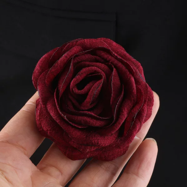 7.5cm Korean-Style Burnt Edge Rose Flower, Burgundy Fabric Flower, Clothing Accessories, Fashionable Hairpin Head Flower Accessory