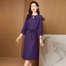 杭州丝绸重磅真丝冠乐绉中袖连衣裙女2026新款夏季V领系带桑蚕丝